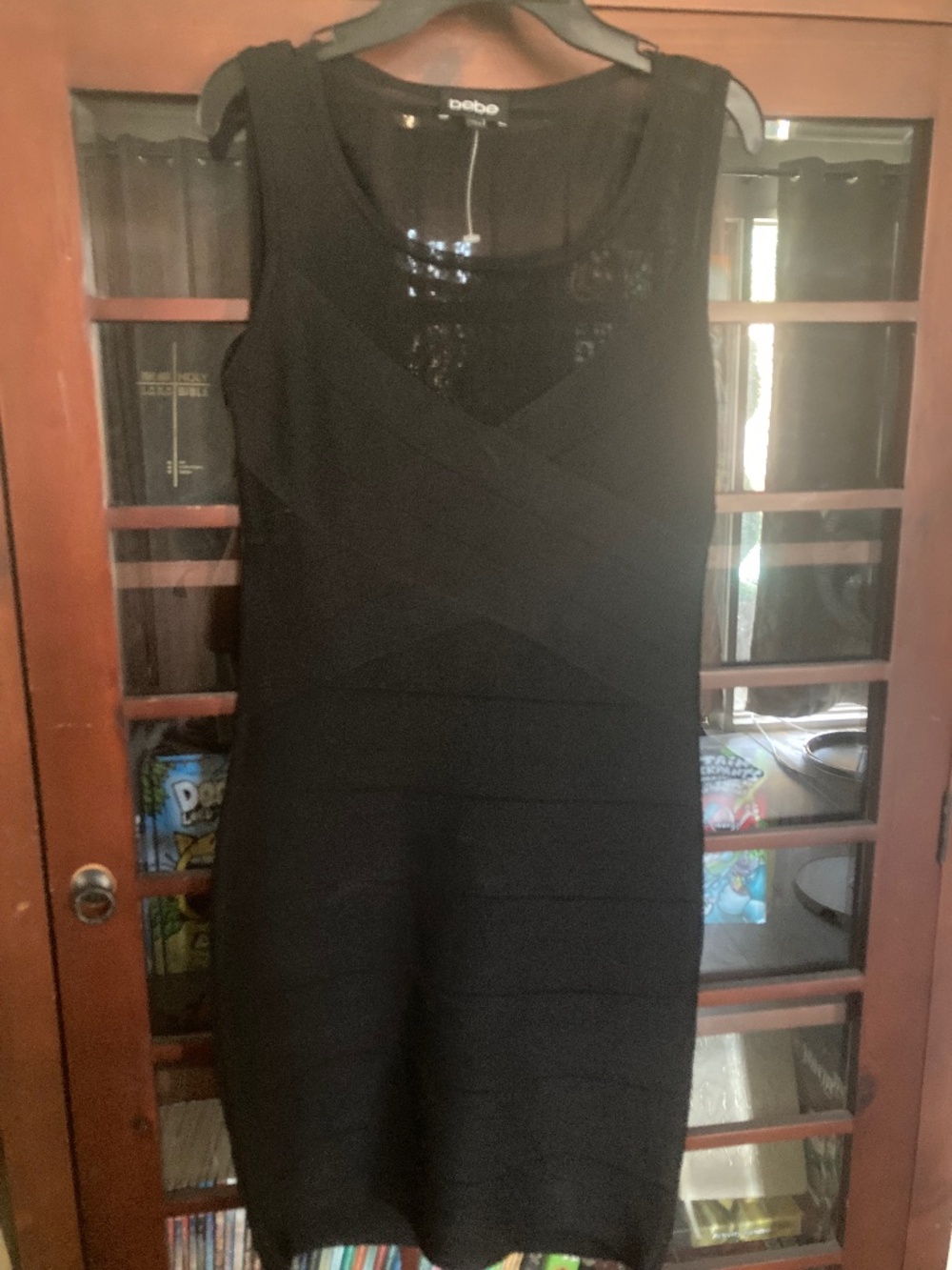 Bebe black mesh back cutout inset v neck bandage sleeveless dress S